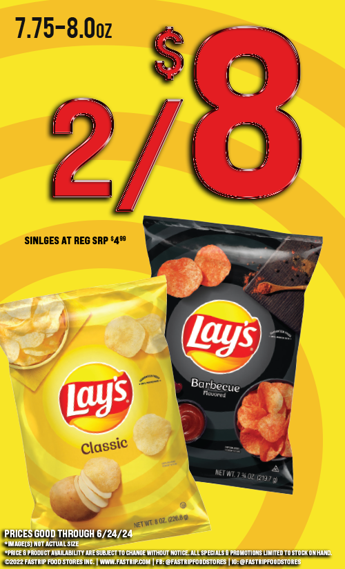 Lay's Potato Chips 7.75oz - 8.0oz 2 for $8 sinlges at reg srp $4.99 | Prices good thru June 24, 2024