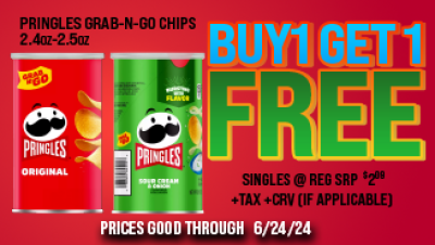 Pringles Grab-N-Go Chips But 1 Get 1 FREE singles at reg srp $2.09 | Prices good thru June 24, 2024