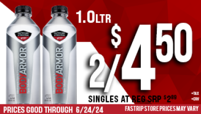 Body Armor 1.0Ltr 2 for $4.50 singles at reg srp $2.89  +tax +crv (if applicable) | Prices good thru June 24, 2024