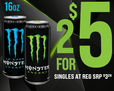 Monster Energy Drinks 16oz 2 for $5 singles at reg srp $3.29 +tax +crv  | Prices good thru 5/6/24