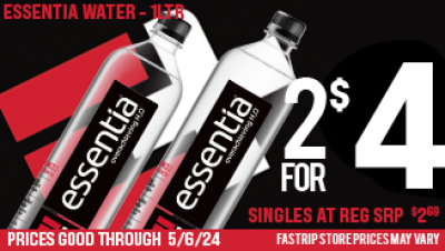 Essentia Water 1ltr 2 for $4 sinlges at reg srp $2.69 | Prices good thru 5/6/24