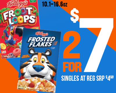 Kellogg's cereal 10.1oz - 16.6oz 2 for $7 singles at reg srp $4.99  | Prices good thru 5/6/24