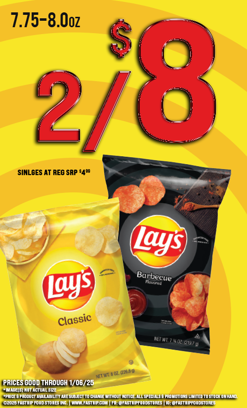 Lay's Potato Chips 2 for $8 singles at reg srp $4.99 | Prices Good Thru 1/06/25