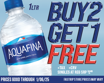 AQUAFINA 1 LTR BUY 2 GET 1 FREE SINGLES AT REG SRP $2.69 +TAX +CRV (IF APPLICABLE) | PRICES GOOD THRU $2.69